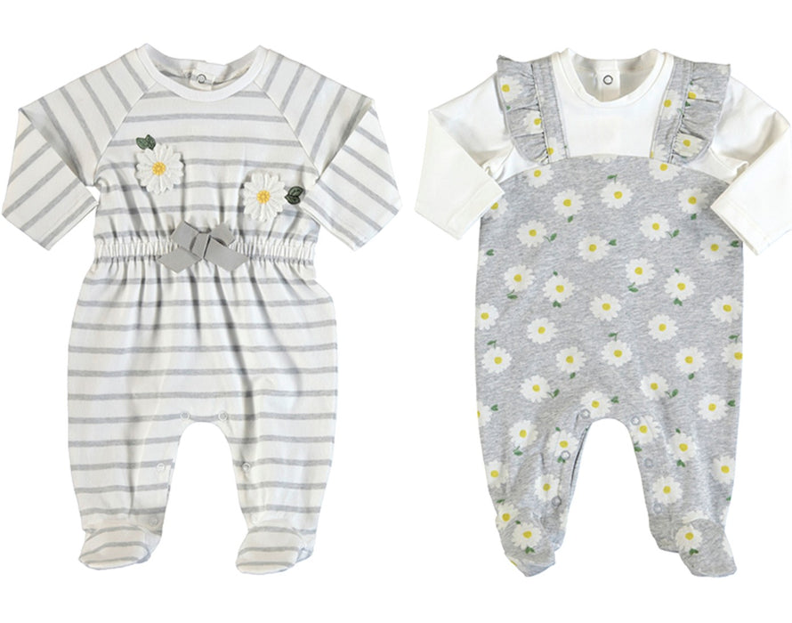 Mayoral Baby Gift Set - Newborn Girls Footed Coveralls - Gray Daisy and Stripe