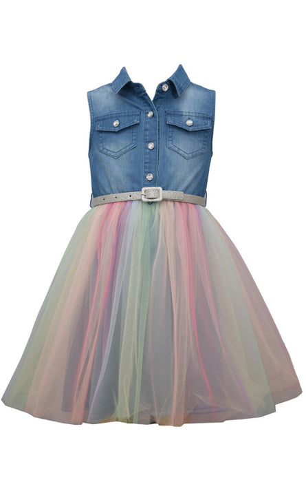 In Fashion Kids - Rainbow Tulle Sleeveless Denim Dress In Fashion Kids - Rainbow Tulle Sleeveless Denim Dress