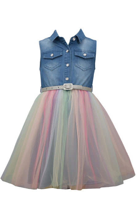 Rainbow Tulle Sleeveless Denim Dress