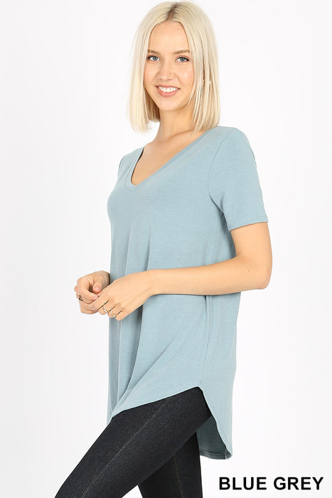 Women's Short Sleeve V-Neck Curved Hem Tunic Top - Choose Color