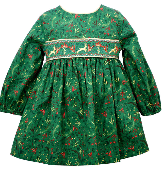 Girls Christmas Dress Green Smocked Reindeer Print