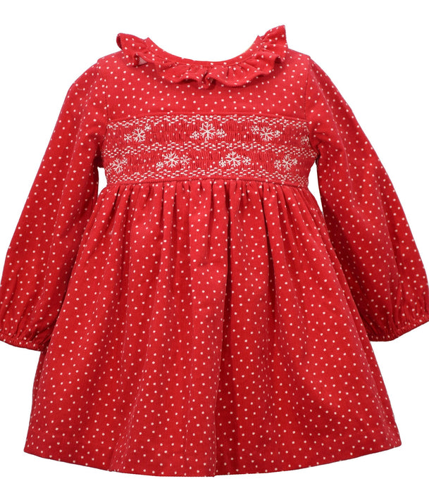Girls Smocked Cotton Holiday Dress Red Snowflakes