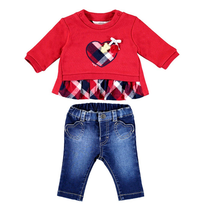 Mayoral Baby Girls Denim Knit Legging and Heart Flannel Top