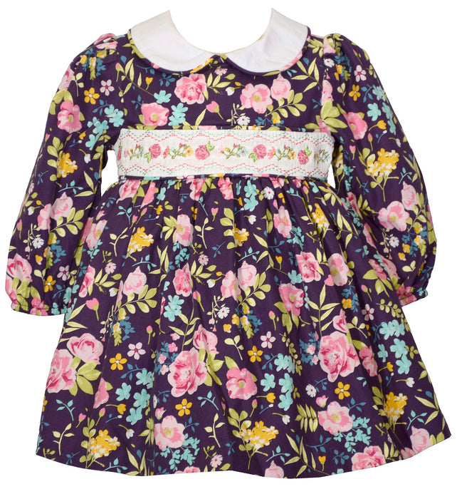 Baby or Girls Smocked Plum Floral Dress