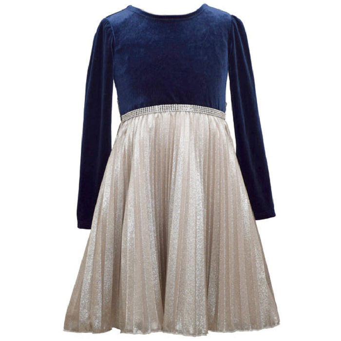 Girls 7-16 Dress  Navy Silver Pleat Holiday Special Occasion Dress