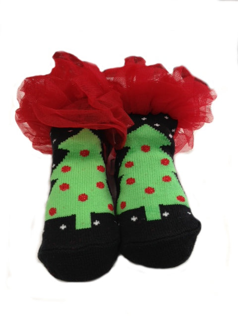 Baby Christmas Socks - Black Christmas Tree with Red Ruffles  (fits 0-12 month)