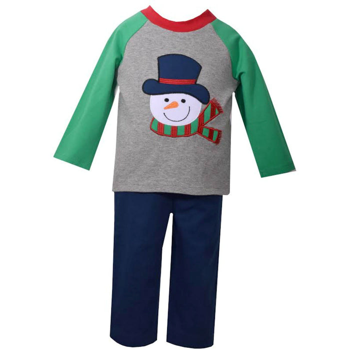 Bonnie Jean Boy's Gray Green Snowman Boys Christmas Pant Set