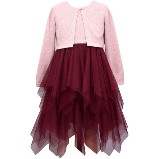 Bonnie Jean Girls Burgundy Tulle Pink Cardigan Dress 7 - 16