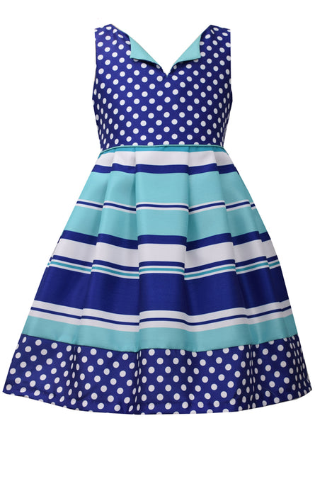 Bonnie Jean Little Girl's Royal Stripe Dot Shantung Dress