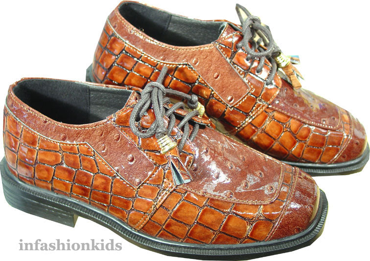 BROWN Boys Dress Shoes - Faux Crocodile  - Young Boys 3  to 6 