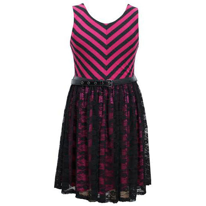 Chevron Striped Lace Overlay-Skirted Dress