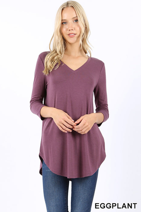 Women's Three Quarter Sleeve Curved Hem Tunic - Choose Color