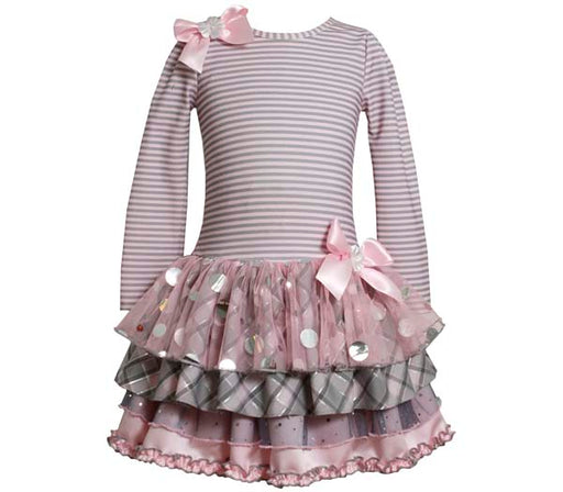 Girl's Party Dress: Pink Grey Stripe Tiered Dress