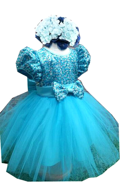 Girls Blue Sequined Short Sleeve Special Occasion Dress