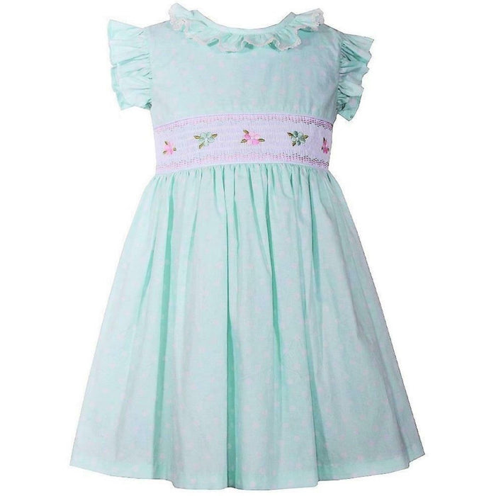 Girls Mint Dot Smocked Easter Dress