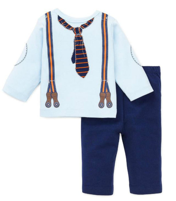 Infant Boys Clothes - Light Blue Knit Suspender Tee and Pant Set