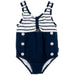 Le Top Girls Navy Blue Striped One Piece Swimsuit with Nautical Buttons