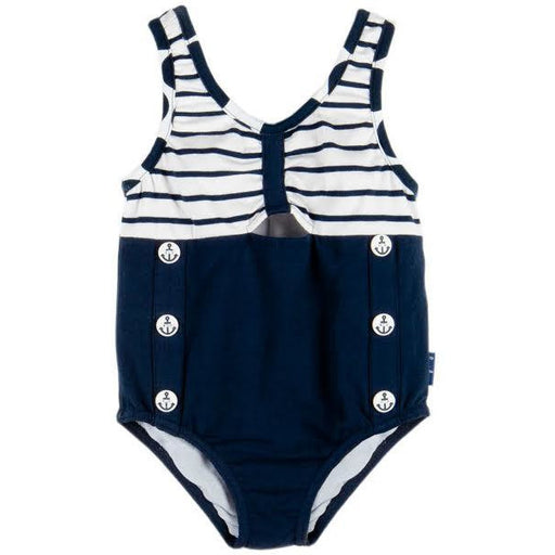 Le Top Little Girls Navy Blue Striped One Piece Swimsuit with Nautical Buttons