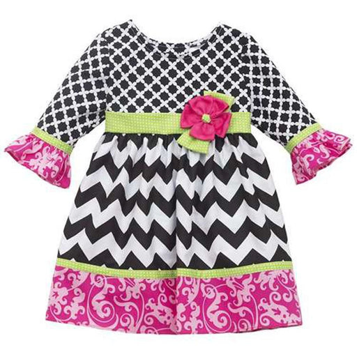 Little Girls Mixed Print Chevron Fuchsia Trim Dress 2T- 4
