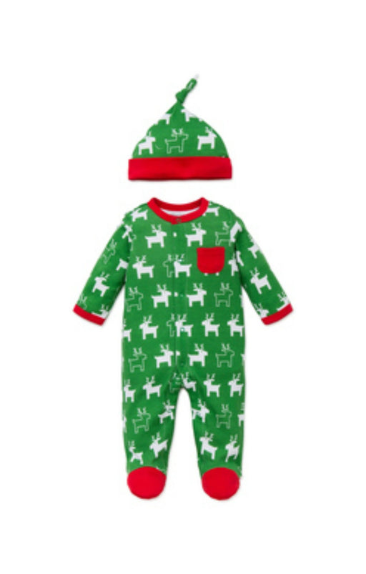 Little Me Newborn Christmas Green Reindeer Footie Hat Set