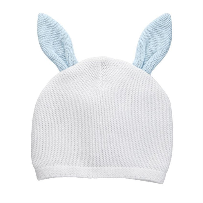 Newborn White Baby Hat Blue Bunny Ears