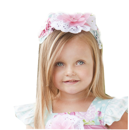 Peaches and Cream  Little Girls Teal,Pink, White Lace Headband 