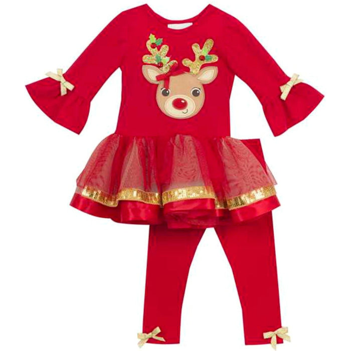 Rare Editions Baby Girls Bright Red Ruffled With Gold Reindeer Legging Set