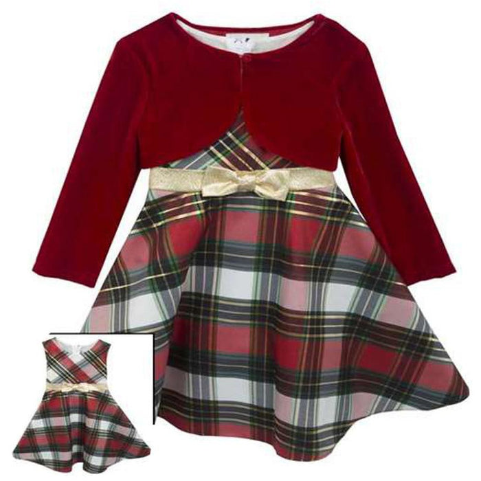 Rare Editions Baby Girls  Plaid Bow and Velvet Jacket Holiday Dress