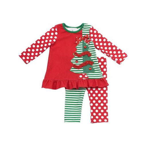 Rare Editions Girls Christmas Outfit - Dots and Stripes Tree Pant Set 