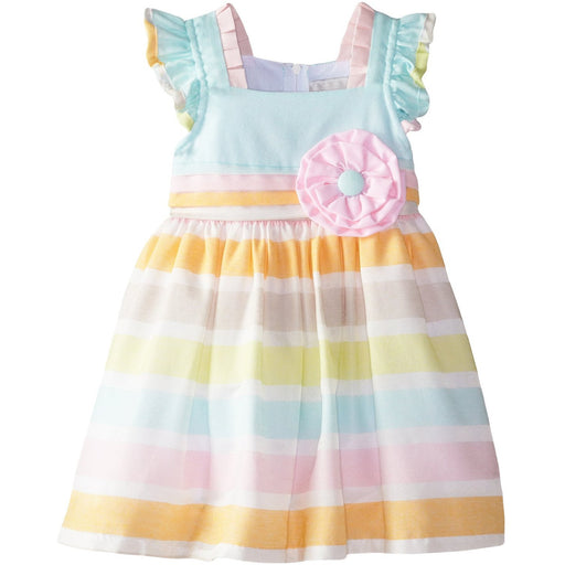 Rare Editions Little Girls Multi Stripe Linen Dress with Flower Applique