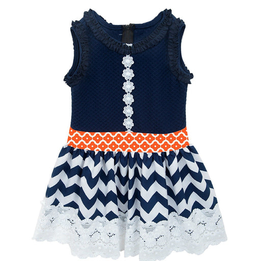 Rare Editions Little Girls Navy Chevron Lace Trim Dress 2T- 6X