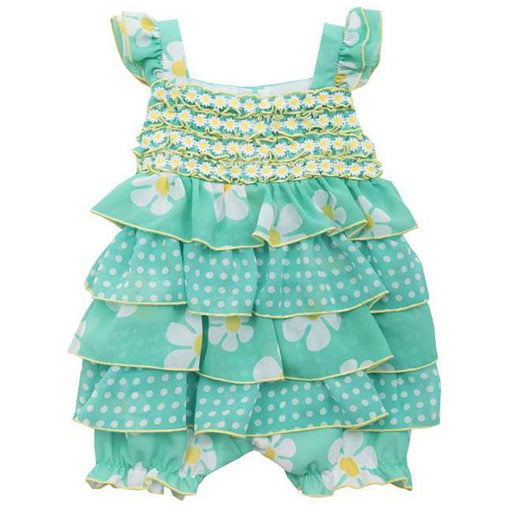 Rare Editions Little Girls Teal Yellow Daisy Multi Ruffle Chiffon Romper 24 months - 4T