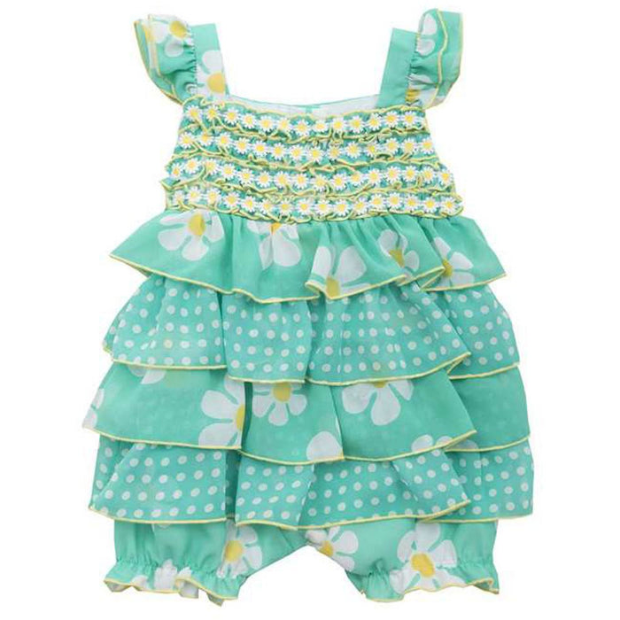 Rare Editions Little Girls Teal Yellow Daisy Multi Ruffle Chiffon Romper 24 months - 4T