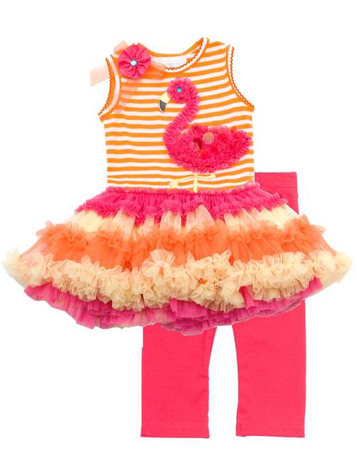 Rare Editions - Orange/ Fuchsia Flamingo Tutu Legging Set 12 months 