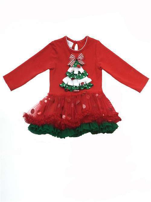 Girls Holiday Dress: Red Christmas Tree Girls Tutu Dress
