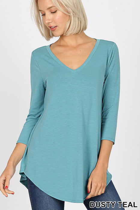 Women's Three Quarter Sleeve Curved Hem Tunic - Choose Color